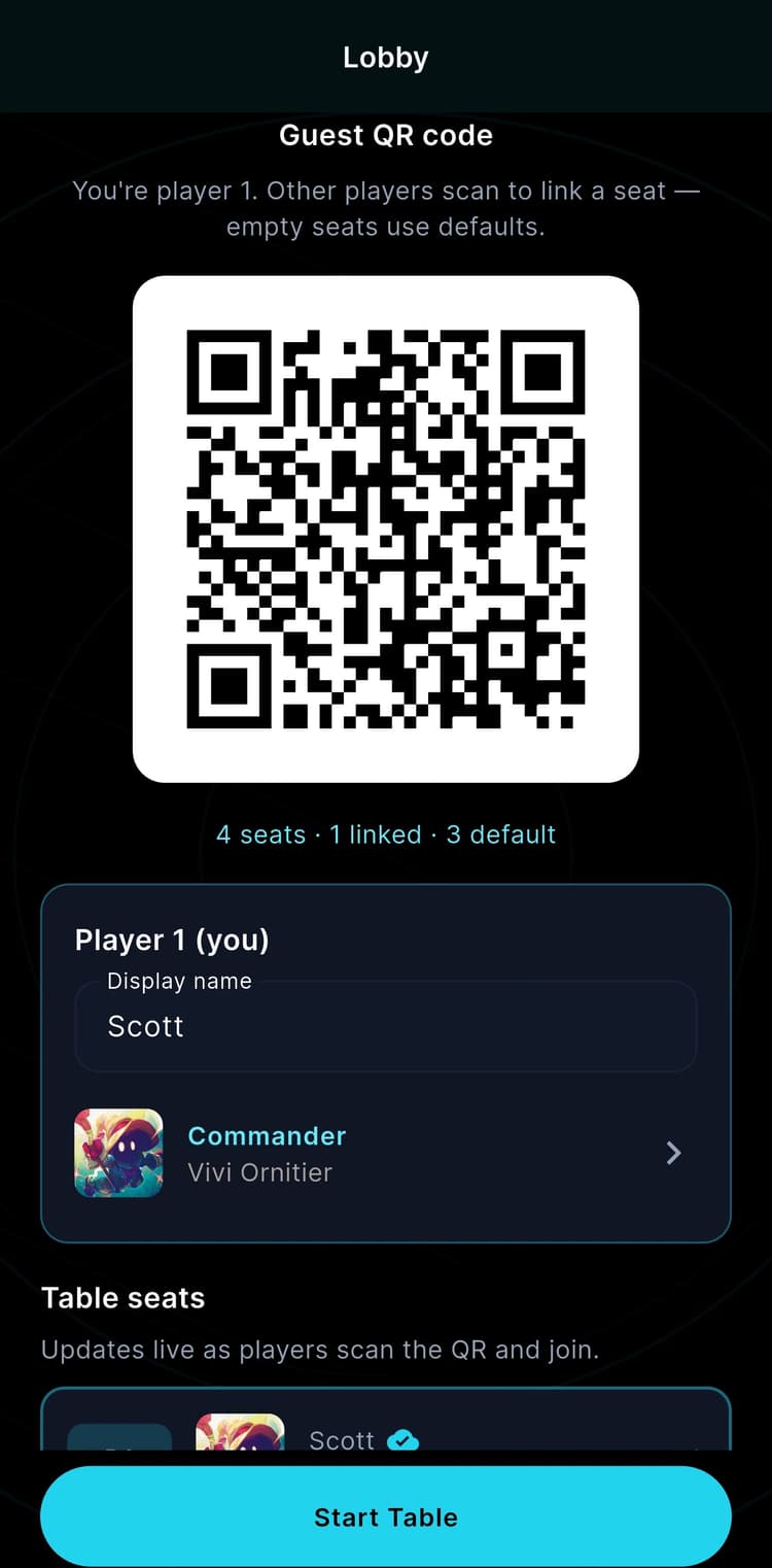 Lobby QR code with live player seats