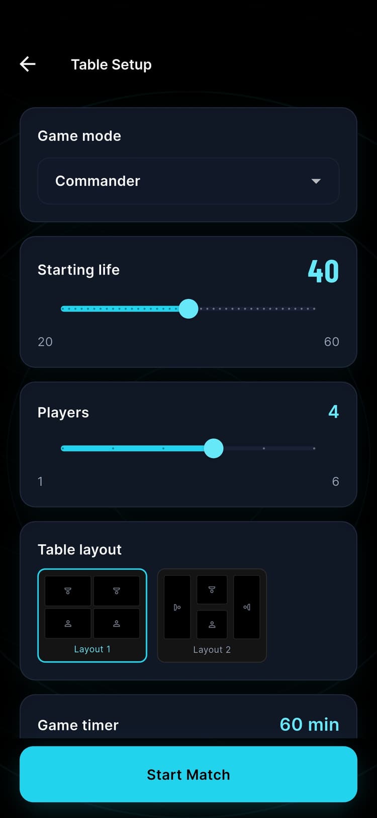 Table setup with layouts and timers