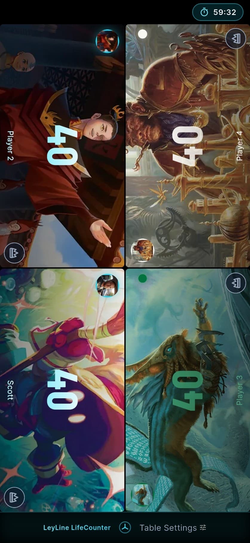 Four-player spell-table layout